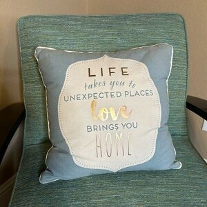 Decorative accent pillow colors blue tan white and gold